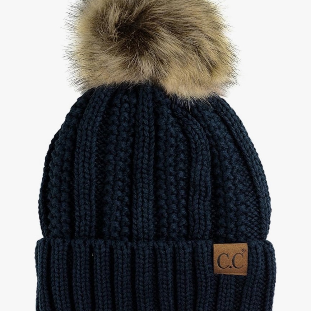 C.C  Navy Knit Pom-Pom Beanie Fuzzy Fleece - Picture 2 of 5